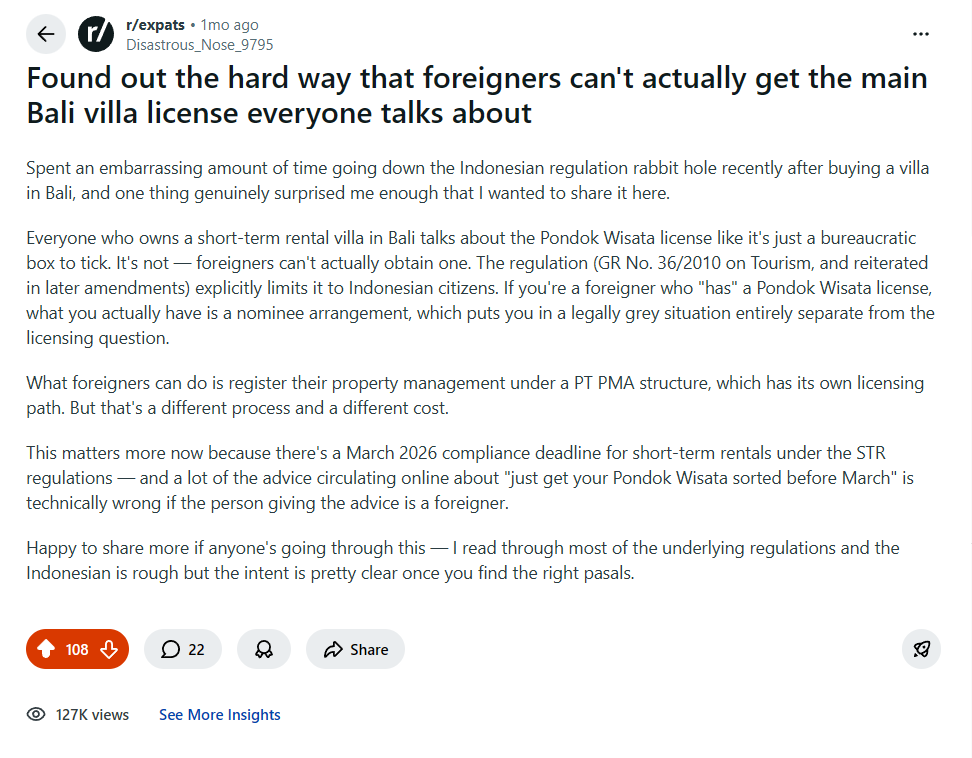 Reddit post about Pondok Wisata licensing on r/expats — 108 upvotes, 22 comments, 127K views
